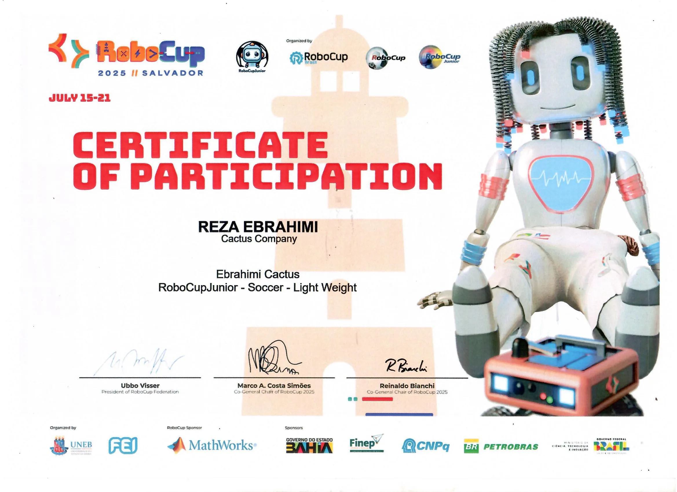 گواهی شرکت در مسابقات RoboCup 2025 Salvador
