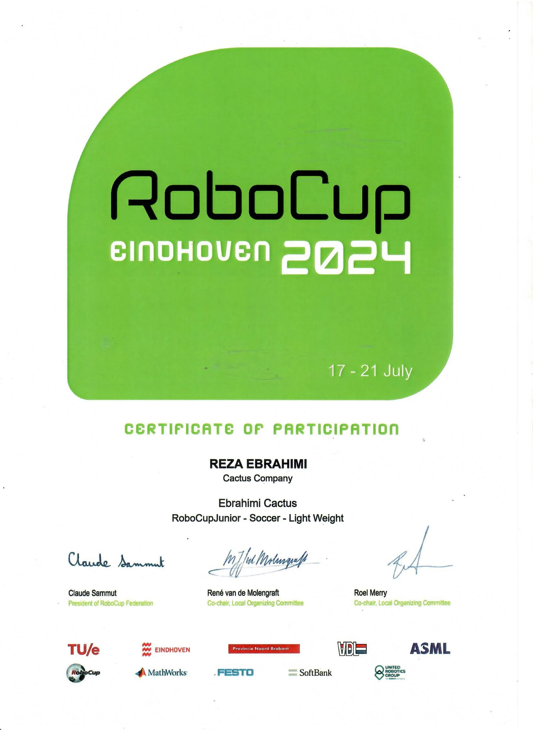 گواهینامه شرکت در مسابقات RoboCup Eindhoven 2024