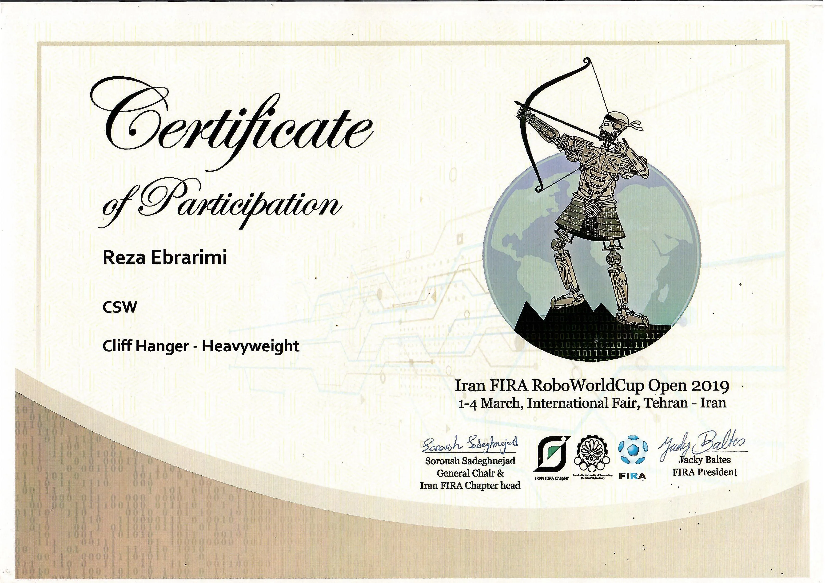 گواهینامه شرکت در مسابقات Iran FIRA RoboWorldCup Open 2019