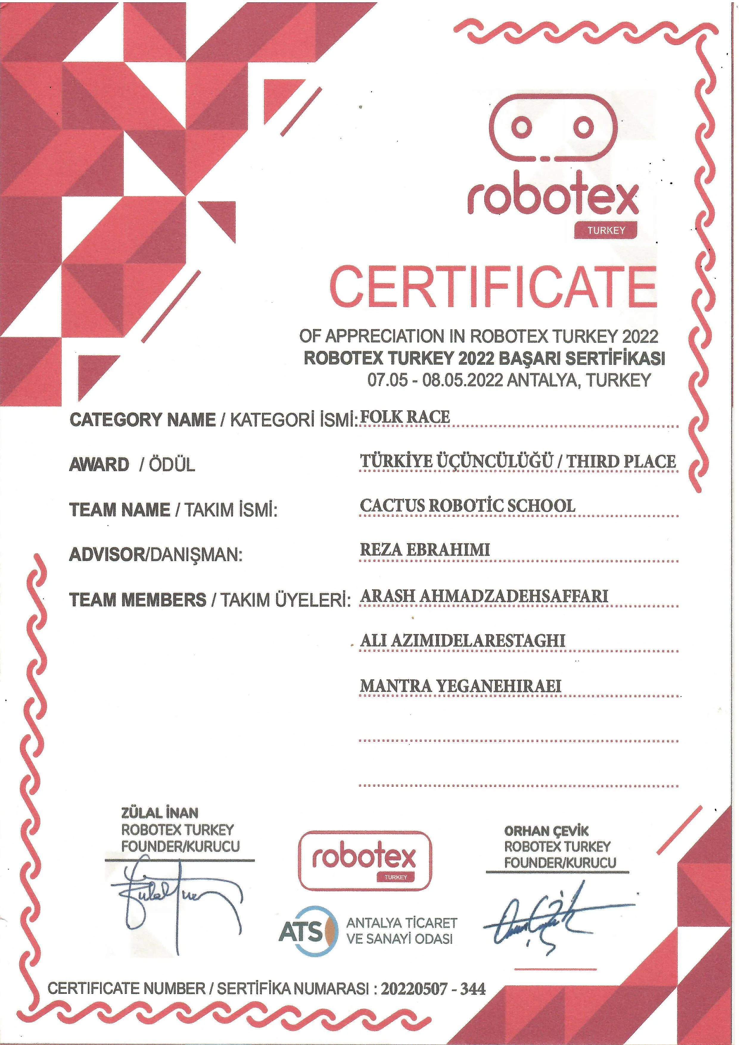 گواهینامه مقام سوم مسابقات Robotex Turkey 2022