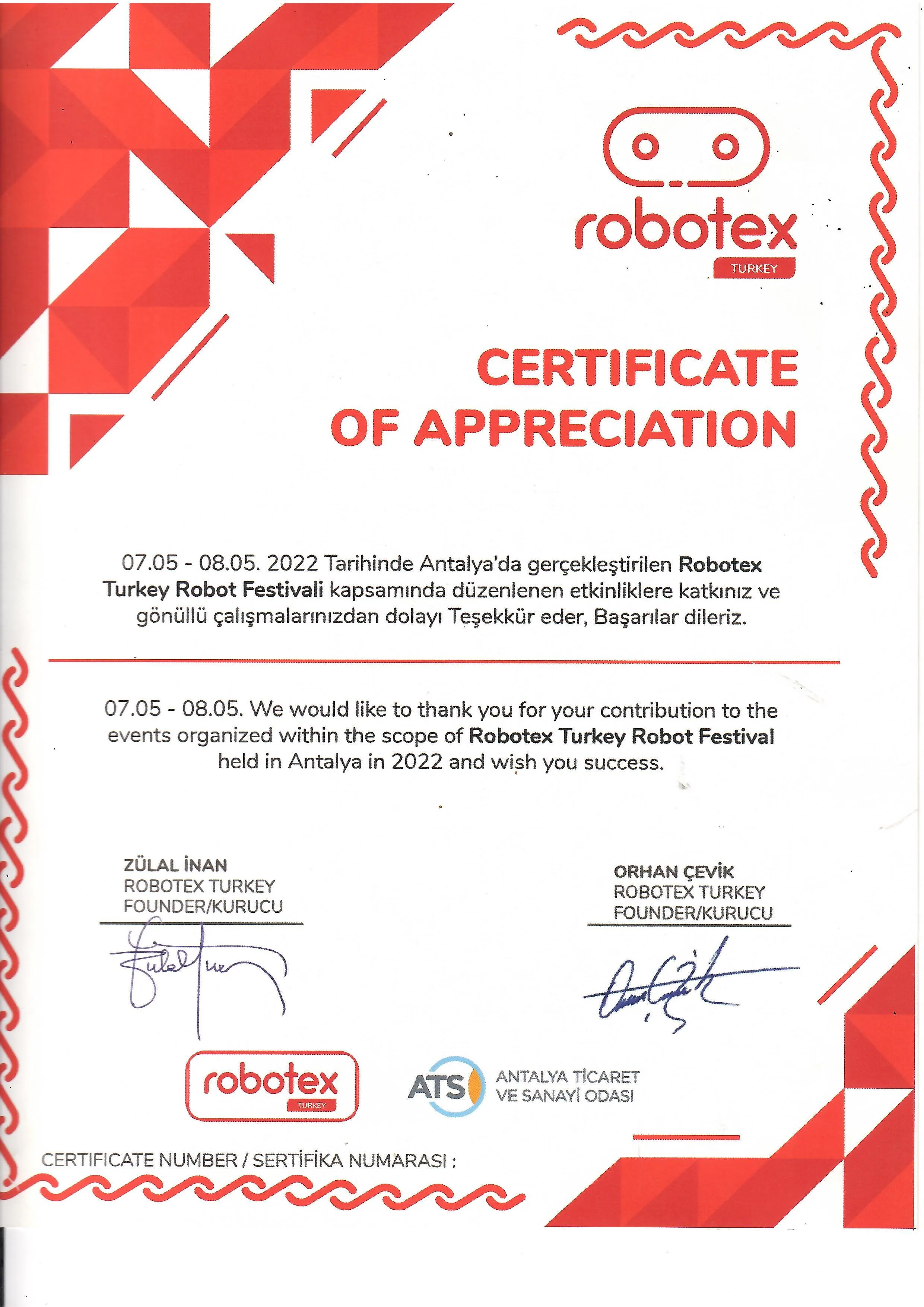 گواهینامه تقدیر و مشارکت در Robotex Turkey Robot Festival 2022