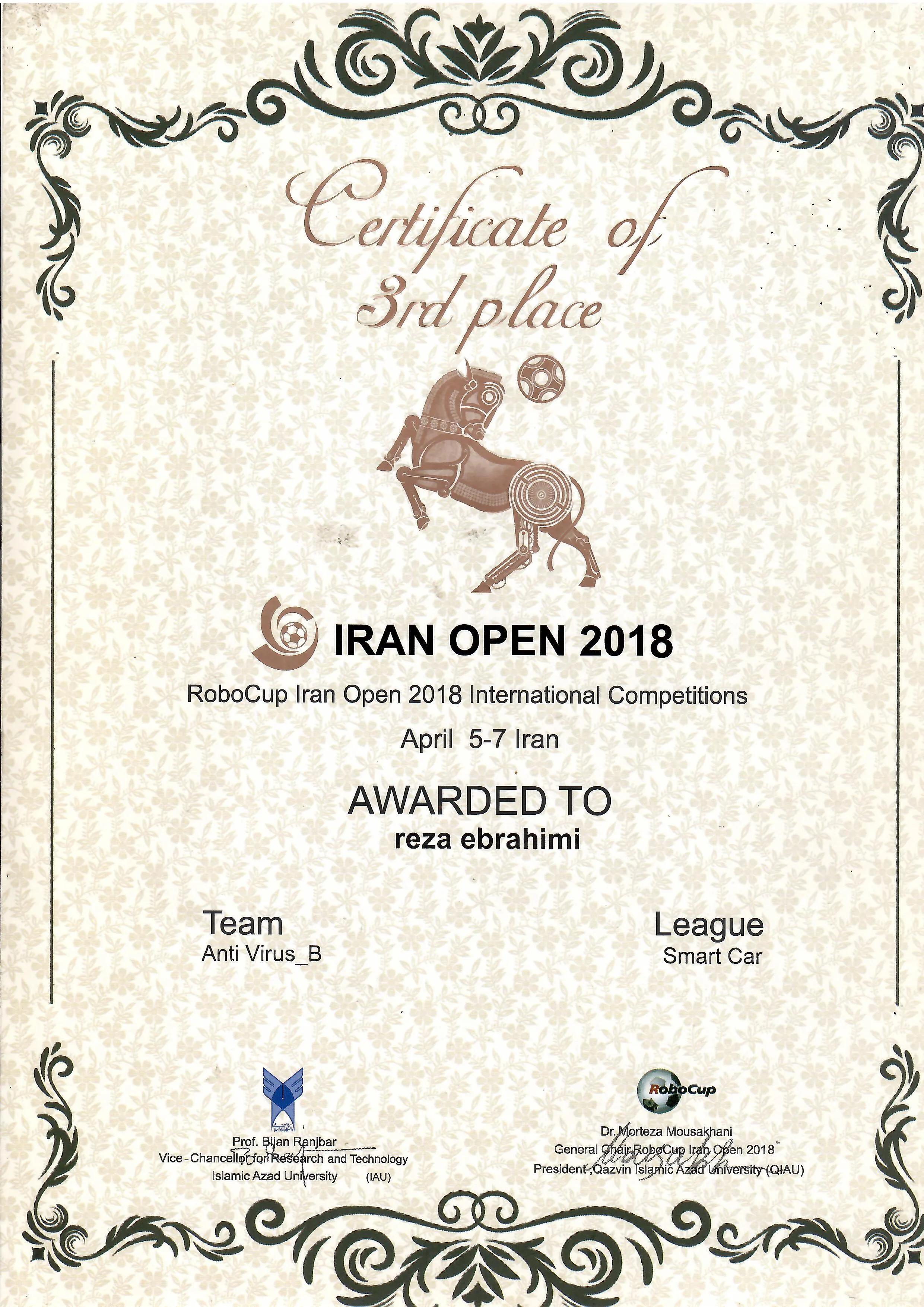 کسب مقام سوم مسابقات RoboCup Iran Open 2018